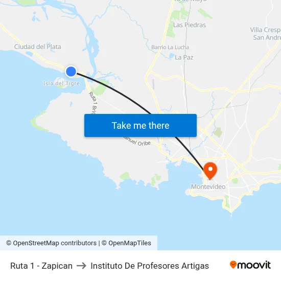 Ruta 1 - Zapican to Instituto De Profesores Artigas map