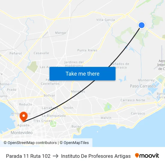 Parada 11 Ruta 102 to Instituto De Profesores Artigas map