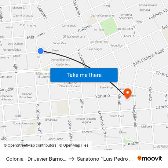 Colonia - Dr Javier Barrios Amorin to Sanatorio ""Luis Pedro Lenguas"" map