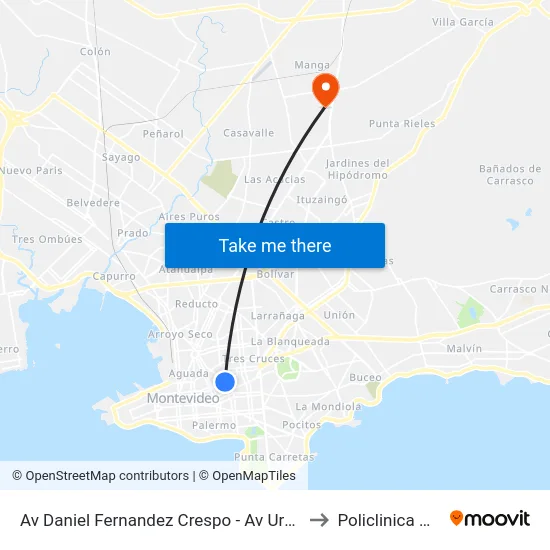 Av Daniel Fernandez Crespo - Av Uruguay to Policlinica Msp map