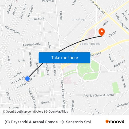 (S) Paysandú & Arenal Grande to Sanatorio Smi map