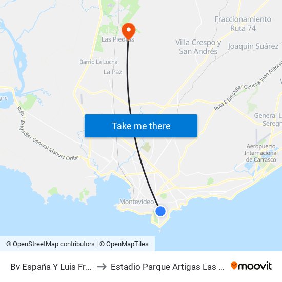 Bv España Y Luis Franzini to Estadio Parque Artigas Las Piedras map