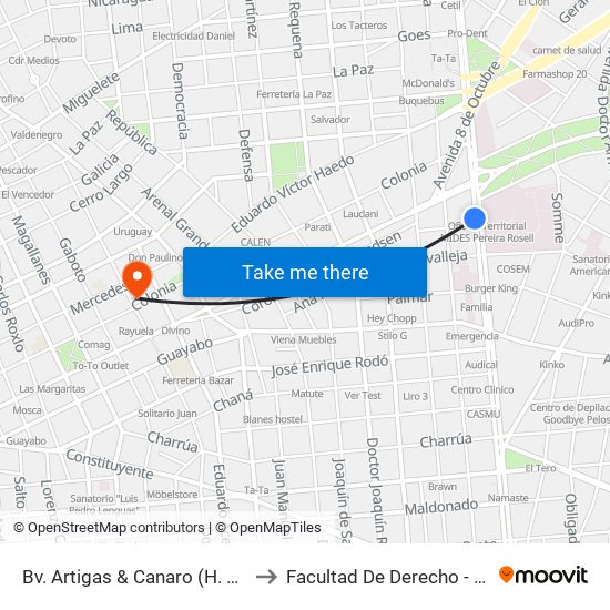 Bv. Artigas & Canaro (H. Pereira Rossell) to Facultad De Derecho - Edificio Anexo map