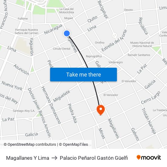 Magallanes Y Lima to Palacio Peñarol Gastón Güelfi map