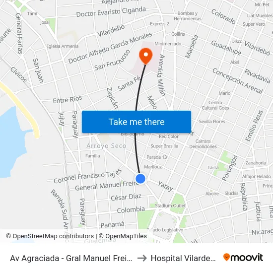Av Agraciada - Gral Manuel Freire to Hospital Vilardebó map