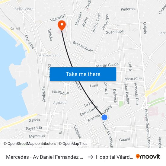 Mercedes - Av Daniel Fernandez Crespo to Hospital Vilardebó map