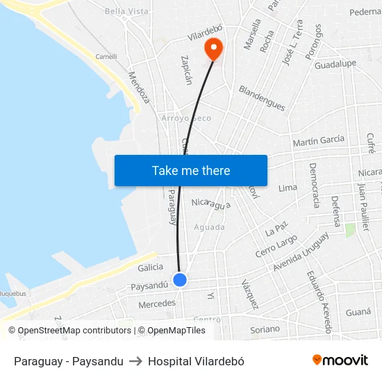 Paraguay - Paysandu to Hospital Vilardebó map
