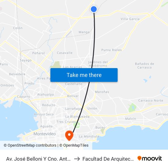 Av. José Belloni Y Cno. Antares to Facultad De Arquitectura map