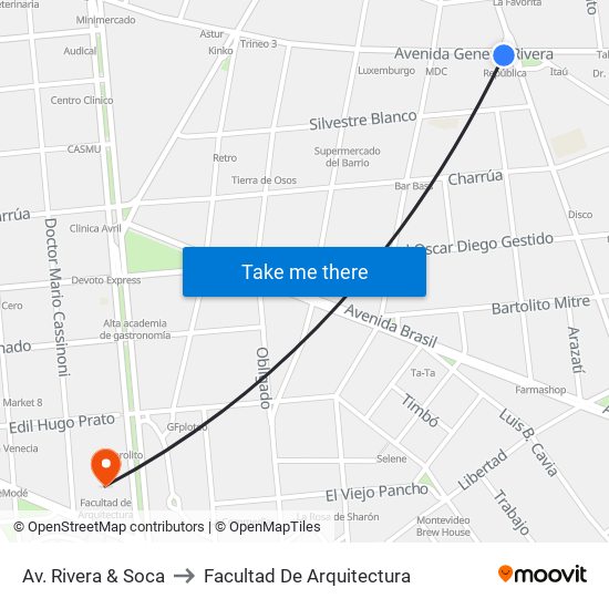 Av. Rivera & Soca to Facultad De Arquitectura map