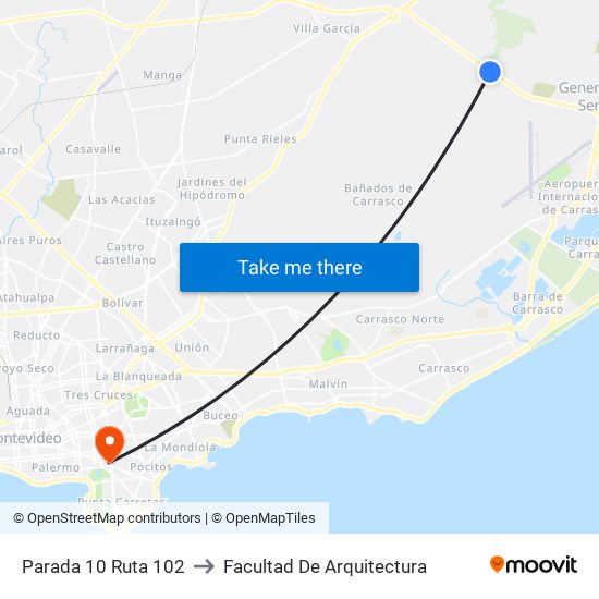 Parada 10 Ruta 102 to Facultad De Arquitectura map