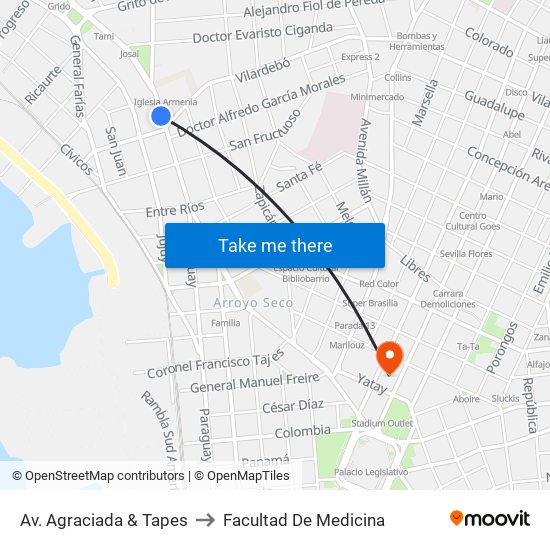 Av. Agraciada & Tapes to Facultad De Medicina map