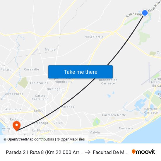 Parada 21 Ruta 8 (Km 22.000 Arroyo Toledo) to Facultad De Medicina map