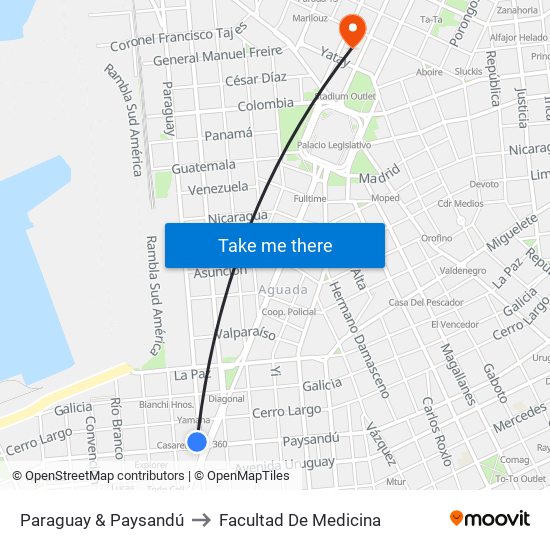 Paraguay & Paysandú to Facultad De Medicina map