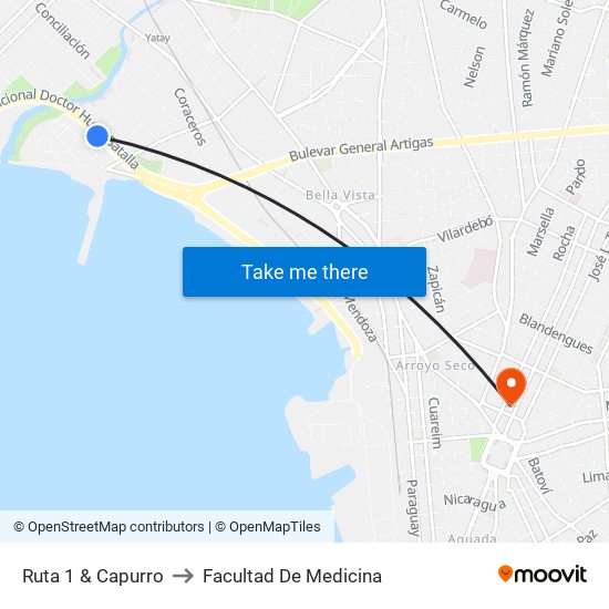 Ruta 1 & Capurro to Facultad De Medicina map