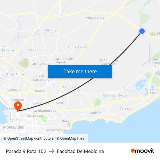 Parada 9 Ruta 102 to Facultad De Medicina map