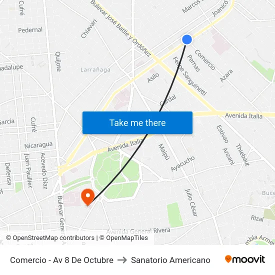 Comercio - Av 8 De Octubre to Sanatorio Americano map