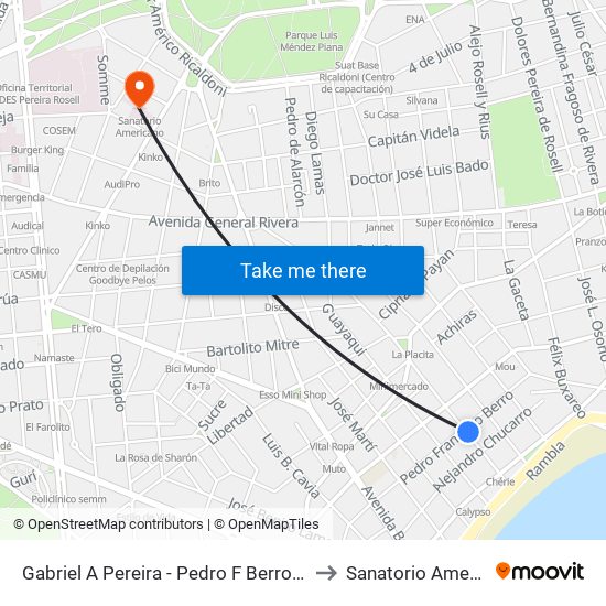 Gabriel A Pereira - Pedro F Berro Falta 145 to Sanatorio Americano map