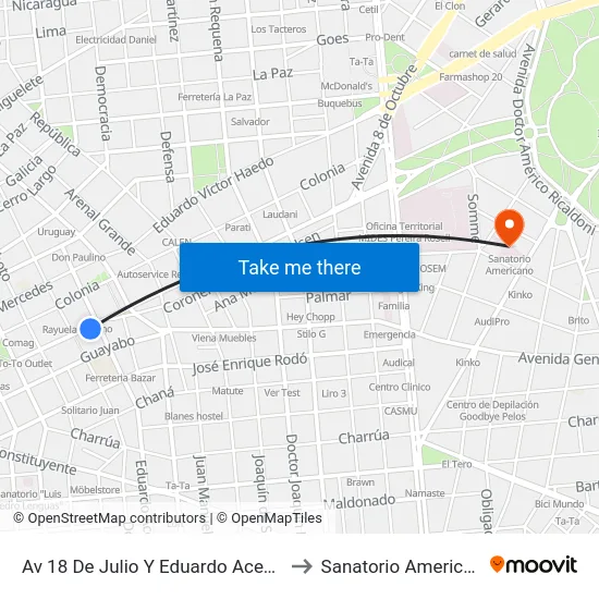 Av 18 De Julio Y Eduardo Acevedo to Sanatorio Americano map
