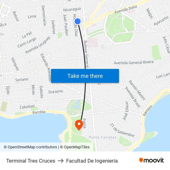 Terminal Tres Cruces to Facultad De Ingeniería map