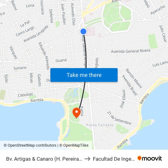 Bv. Artigas & Canaro (H. Pereira Rossell) to Facultad De Ingeniería map