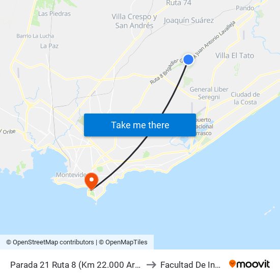 Parada 21 Ruta 8 (Km 22.000 Arroyo Toledo) to Facultad De Ingeniería map