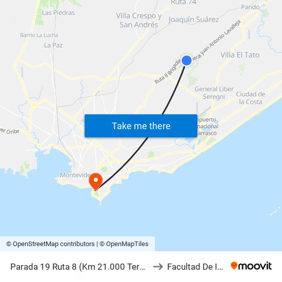 Parada 19 Ruta 8 (Km 21.000 Terminal Villa García) to Facultad De Ingeniería map