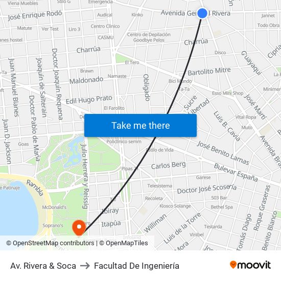 Av. Rivera & Soca to Facultad De Ingeniería map