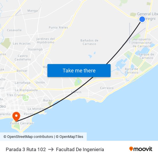 Parada 3 Ruta 102 to Facultad De Ingeniería map