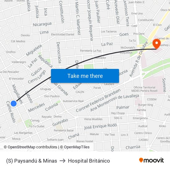 (S) Paysandú & Minas to Hospital Británico map