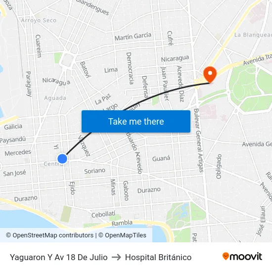 Yaguaron Y Av 18 De Julio to Hospital Británico map