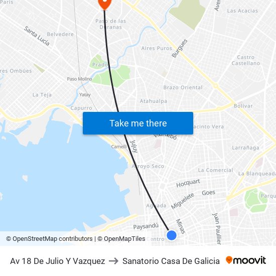 Av 18 De Julio Y Vazquez to Sanatorio Casa De Galicia map