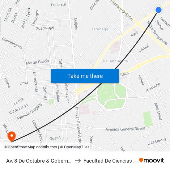 Av. 8 De Octubre & Gobernador Viana to Facultad De Ciencias Sociales map