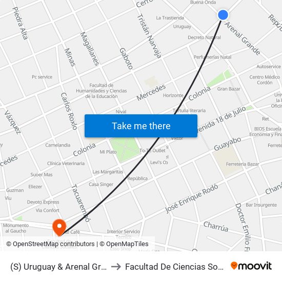 (S) Uruguay & Arenal Grande to Facultad De Ciencias Sociales map