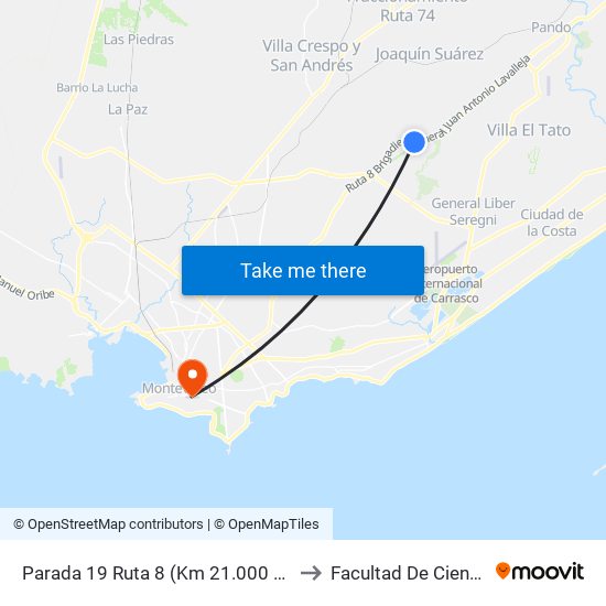 Parada 19 Ruta 8 (Km 21.000 Terminal Villa García) to Facultad De Ciencias Sociales map
