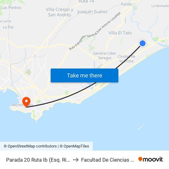 Parada 20 Ruta Ib  (Esq. Rio Negro) to Facultad De Ciencias Sociales map