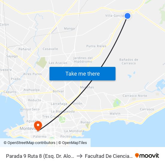 Parada 9 Ruta 8 (Esq. Dr. Alonzo González) to Facultad De Ciencias Sociales map