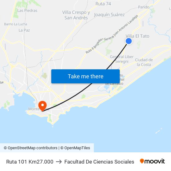 Ruta 101 Km27.000 to Facultad De Ciencias Sociales map