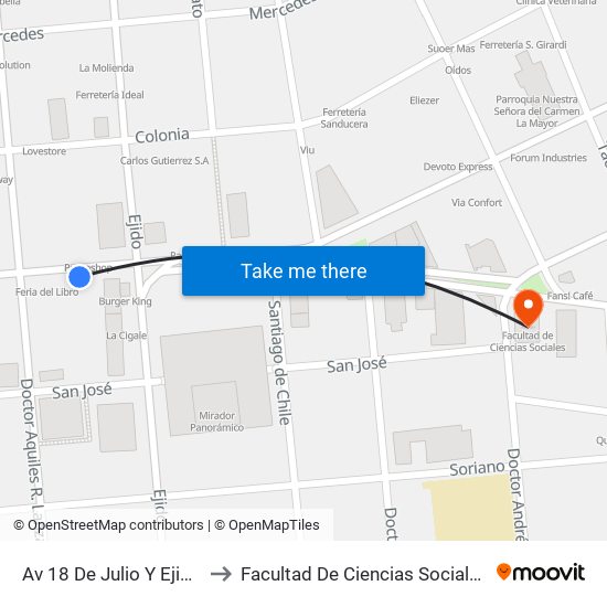 Av 18 De Julio Y Ejido to Facultad De Ciencias Sociales map