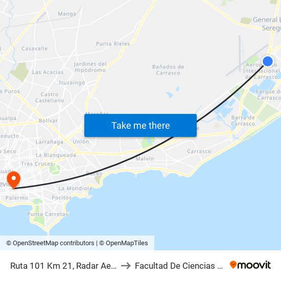 Ruta 101 Km 21, Radar Aeropuerto to Facultad De Ciencias Sociales map