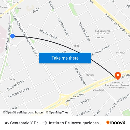 Av Centenario Y Prof Dr Pablo Purriel to Instituto De Investigaciones Biológicas Clemente Estable map