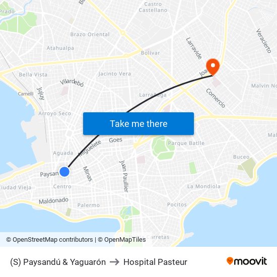 (S) Paysandú & Yaguarón to Hospital Pasteur map