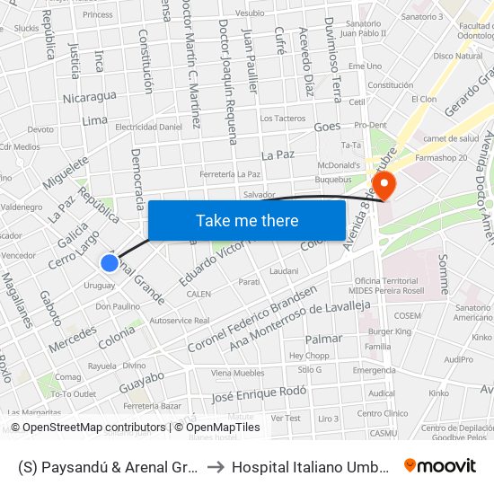 (S) Paysandú & Arenal Grande to Hospital Italiano Umberto I map