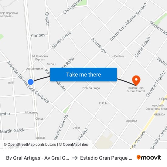 Bv Gral Artigas - Av Gral Garibaldi to Estadio Gran Parque Central map
