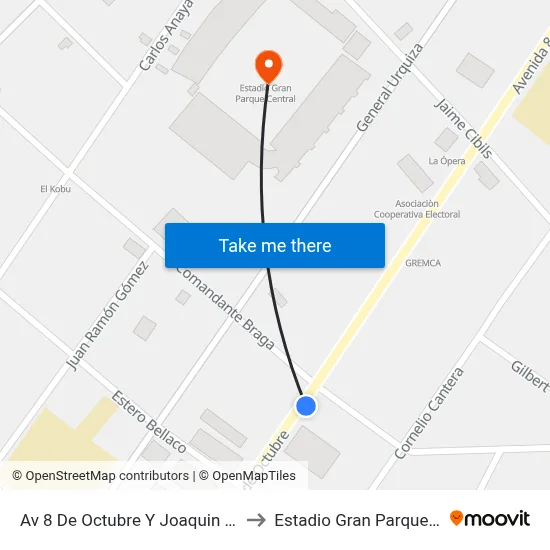 Av 8 De Octubre Y Joaquin Secco Illa to Estadio Gran Parque Central map
