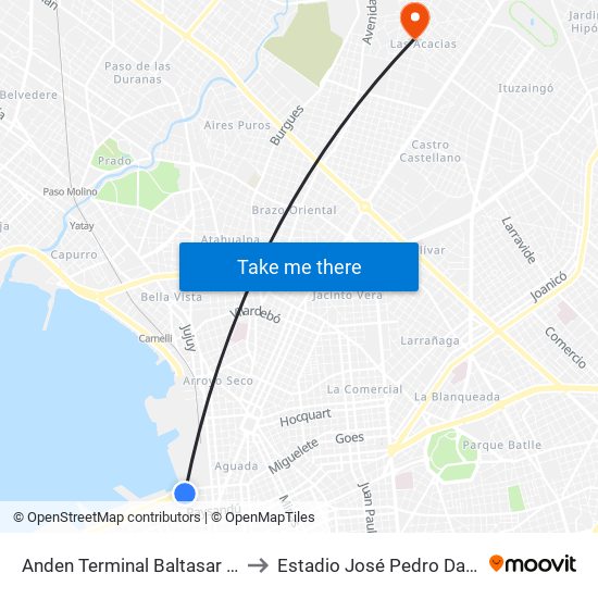 Anden Terminal Baltasar Brum to Estadio José Pedro Damiani map