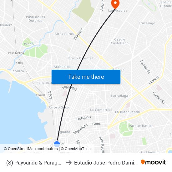 (S) Paysandú & Paraguay to Estadio José Pedro Damiani map