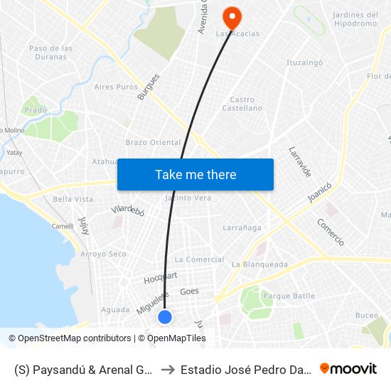 (S) Paysandú & Arenal Grande to Estadio José Pedro Damiani map