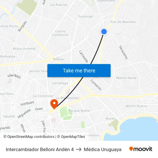 Intercambiador Belloni Andén 4 to Médica Uruguaya map