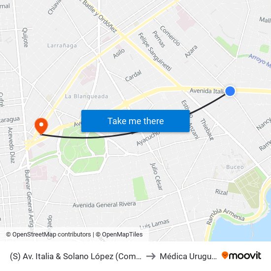 (S) Av. Italia & Solano López (Comercio) to Médica Uruguaya map