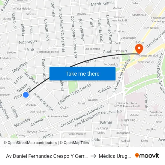 Av Daniel Fernandez Crespo Y Cerro Largo to Médica Uruguaya map